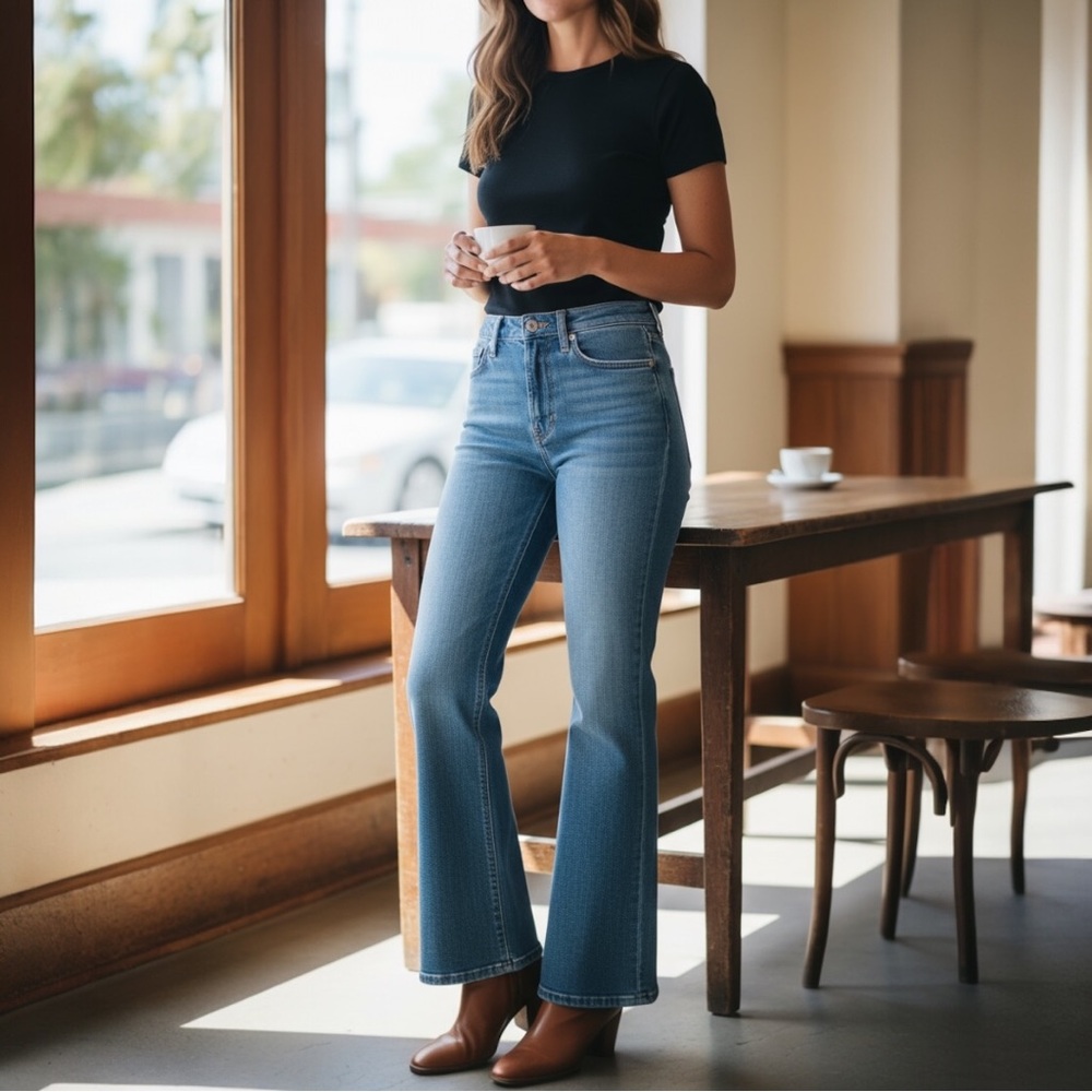 FULL LENGTH LEVI’S RIBCAGE BOOT CUT ULTRA HIGH RISE MEDIUM BLUE WASH JEANS 27